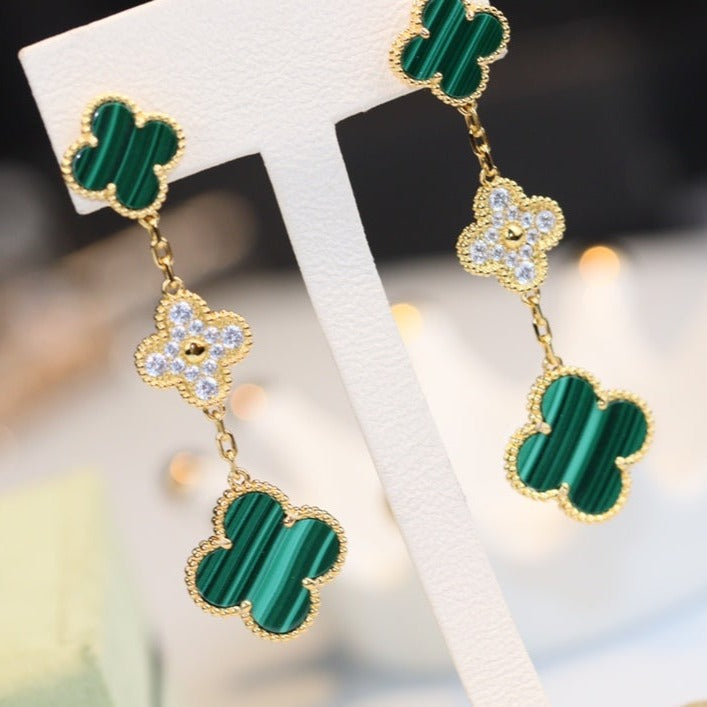 [Love Lucky]CLOVER OHRRINGE GOLD MALACHIT DIAMANT 3 MOTIV