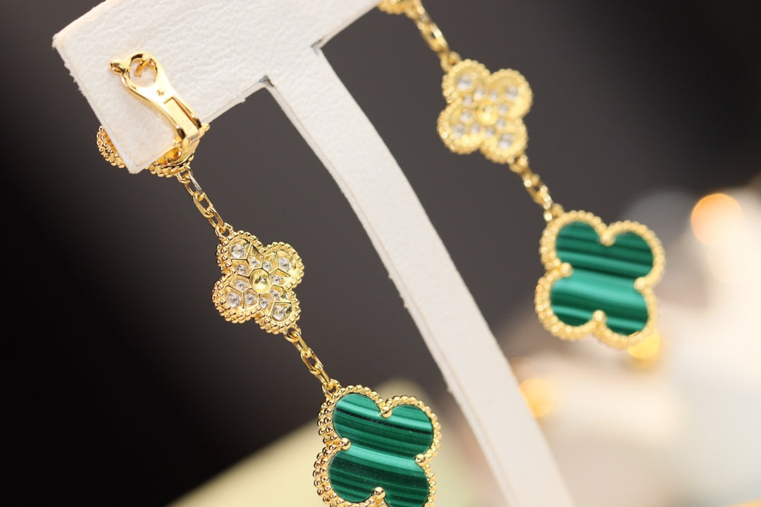 [Love Lucky]CLOVER OHRRINGE GOLD MALACHIT DIAMANT 3 MOTIV
