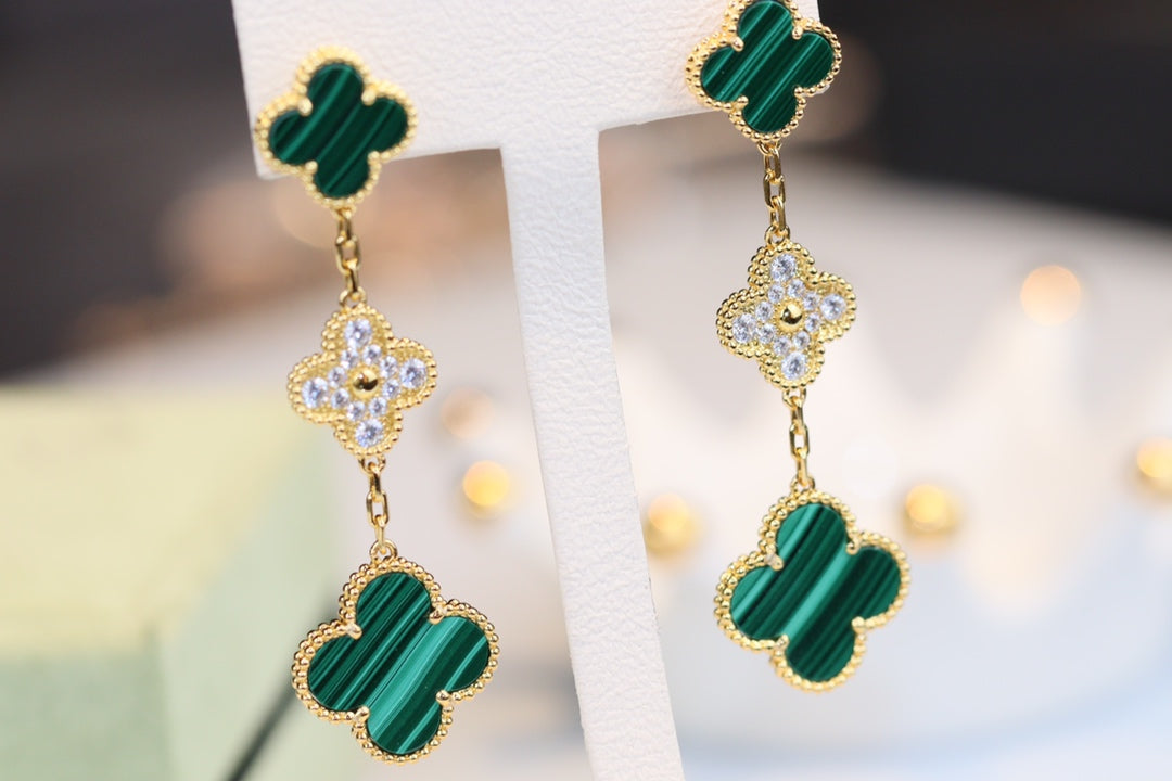 [Love Lucky]CLOVER OHRRINGE GOLD MALACHIT DIAMANT 3 MOTIV