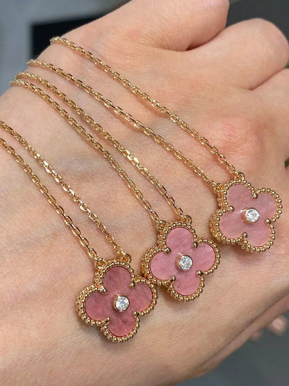 [Love Lucky]CLOVER 15MM DIAMANT-RHODONIT-HALSKETTE