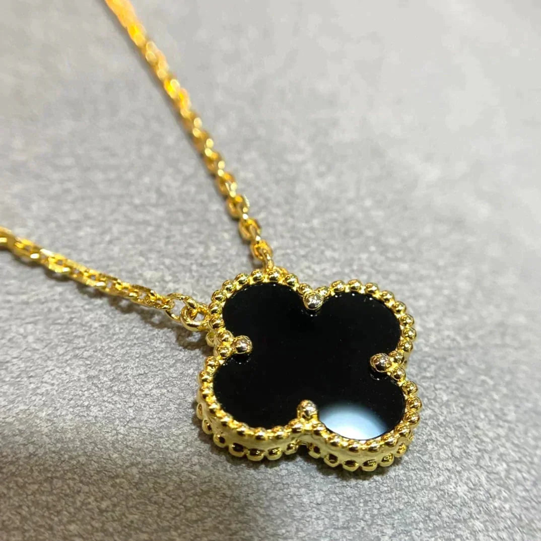 [Love Lucky]CLOVER 15MM BLACK ONYX SINGLE FLOWER NECKLACE