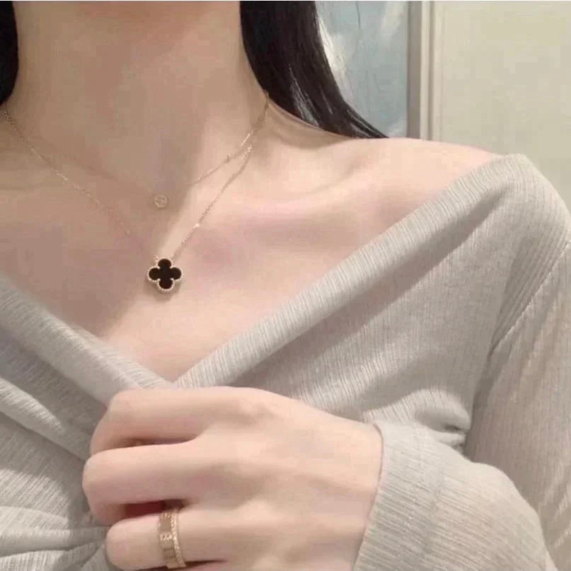 [Love Lucky]CLOVER 15MM BLACK ONYX SINGLE FLOWER NECKLACE