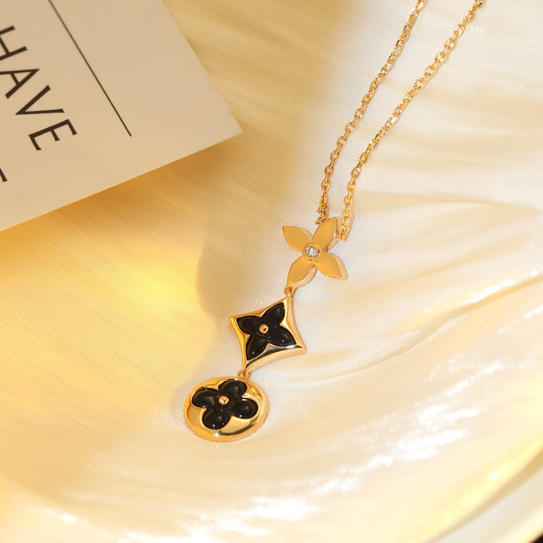 [Love Lucky]Stern und Sonne Onyx Roségold Halskette