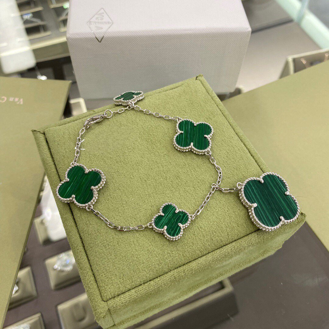[Love Lucky]CLOVER 5 MOTIFS SIVLER MALACHIT ARMBAND