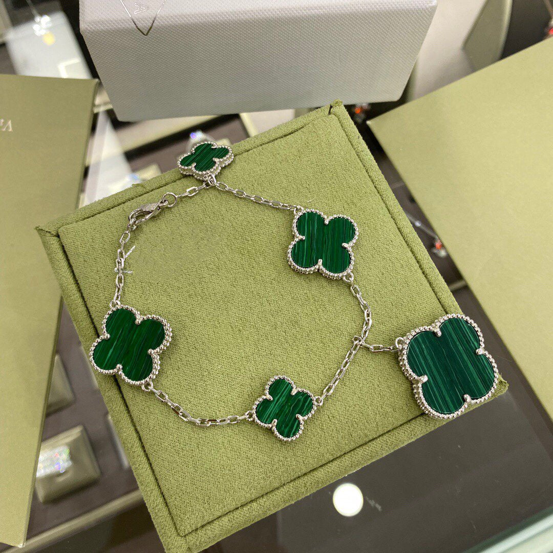 [Love Lucky]CLOVER 5 MOTIFS SIVLER MALACHIT ARMBAND