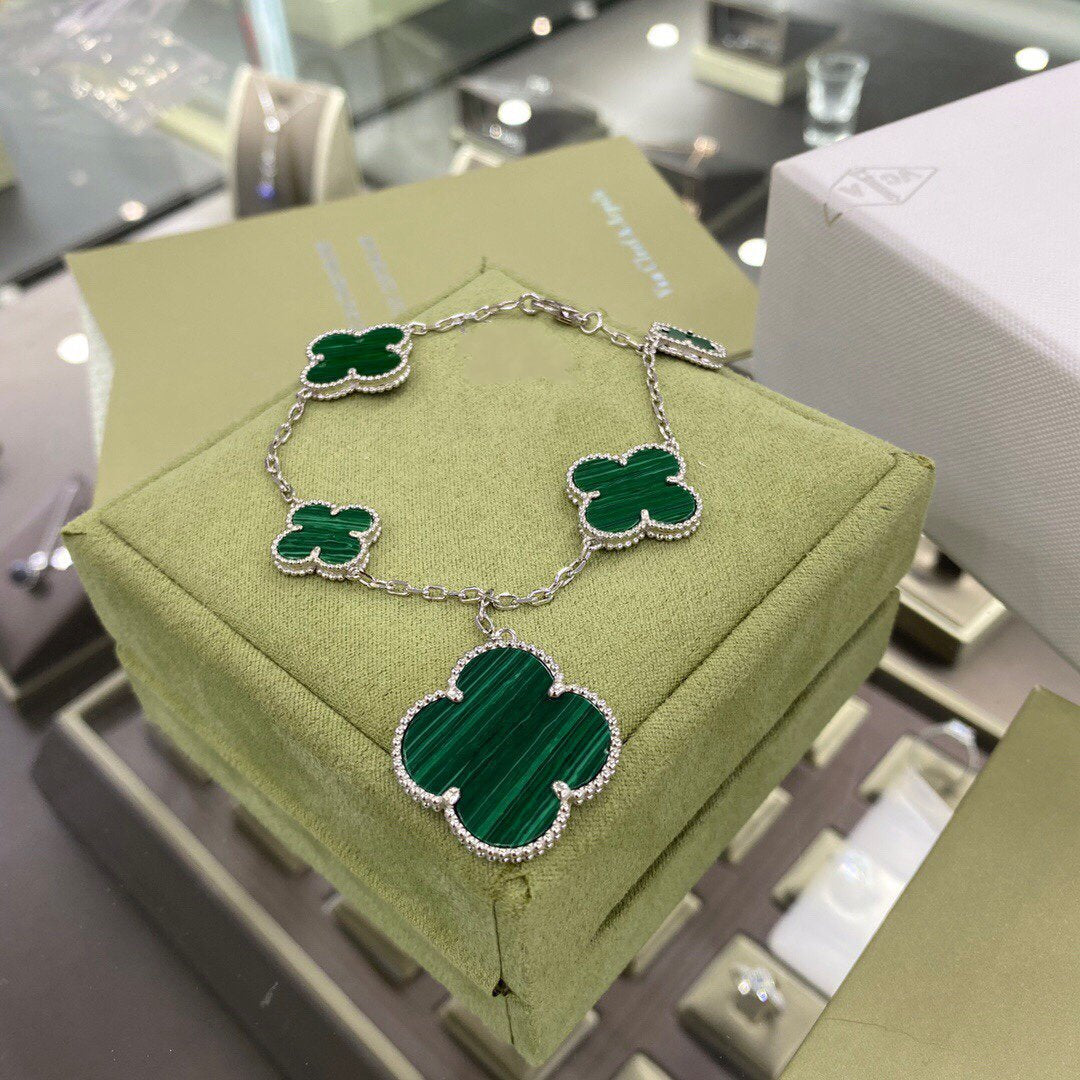 [Love Lucky]CLOVER 5 MOTIFS SIVLER MALACHIT ARMBAND