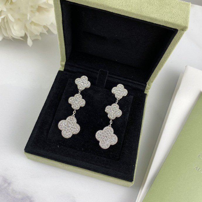 [Love Lucky] Kleeblatt 3 Motiv Diamant Silber Tropfen Ohrringe