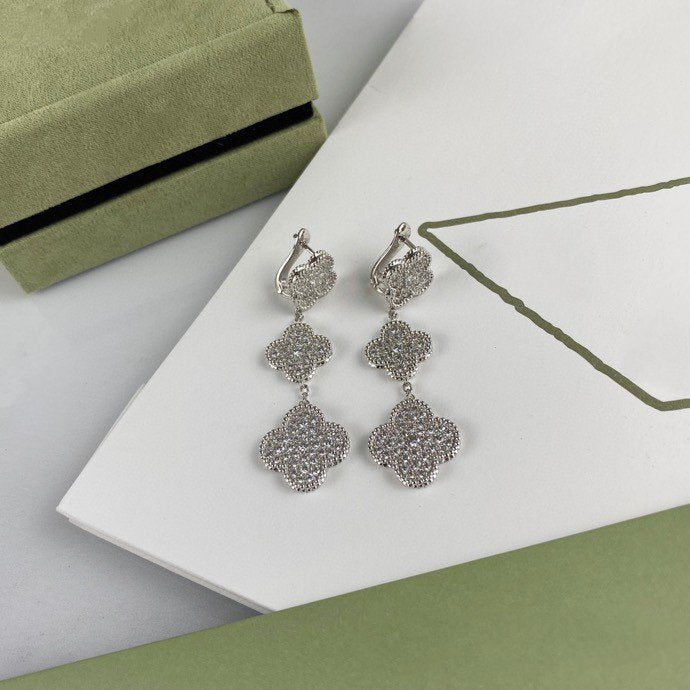 [Love Lucky] Kleeblatt 3 Motiv Diamant Silber Tropfen Ohrringe