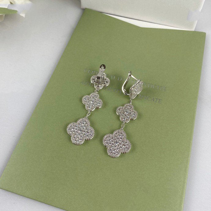 [Love Lucky] Kleeblatt 3 Motiv Diamant Silber Tropfen Ohrringe