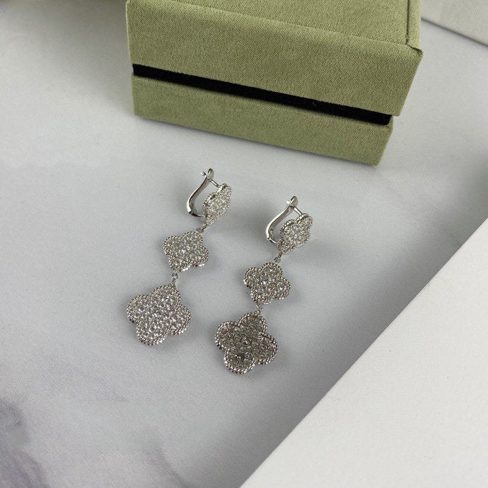 [Love Lucky] Kleeblatt 3 Motiv Diamant Silber Tropfen Ohrringe