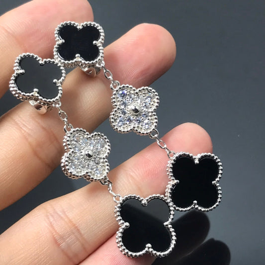 [Love Lucky] Kleeblatt 3 Motiv Diamant Onyx Silber Ohrringe