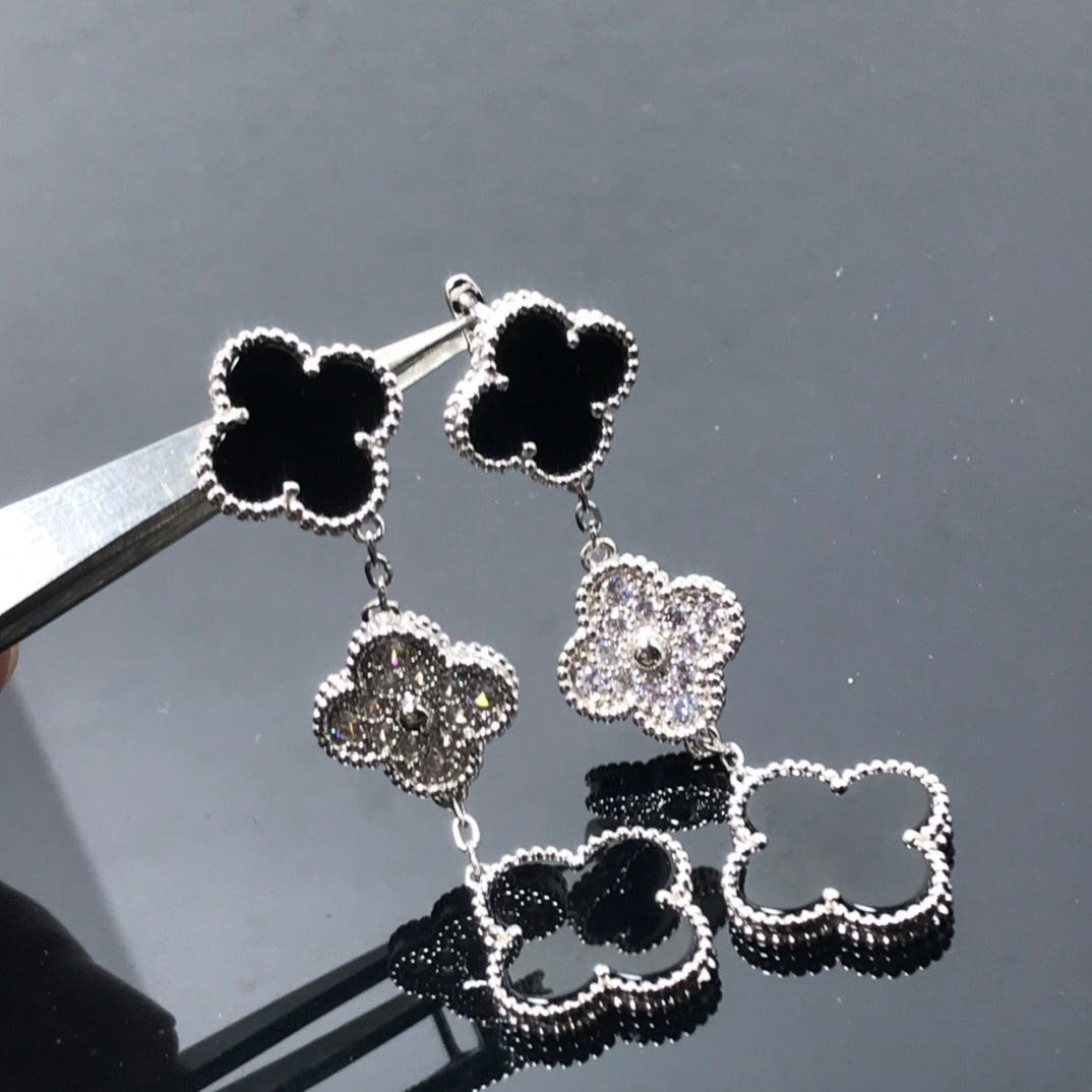 [Love Lucky] Kleeblatt 3 Motiv Diamant Onyx Silber Ohrringe