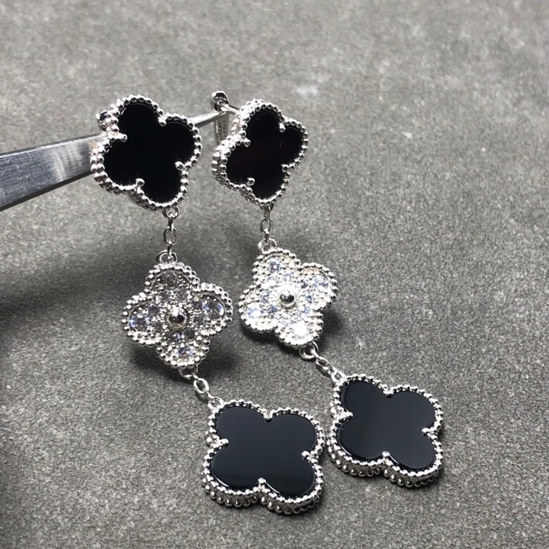 [Love Lucky] Kleeblatt 3 Motiv Diamant Onyx Silber Ohrringe