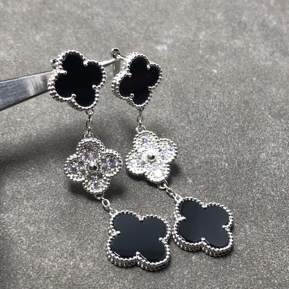 [Love Lucky] Kleeblatt 3 Motiv Diamant Onyx Silber Ohrringe
