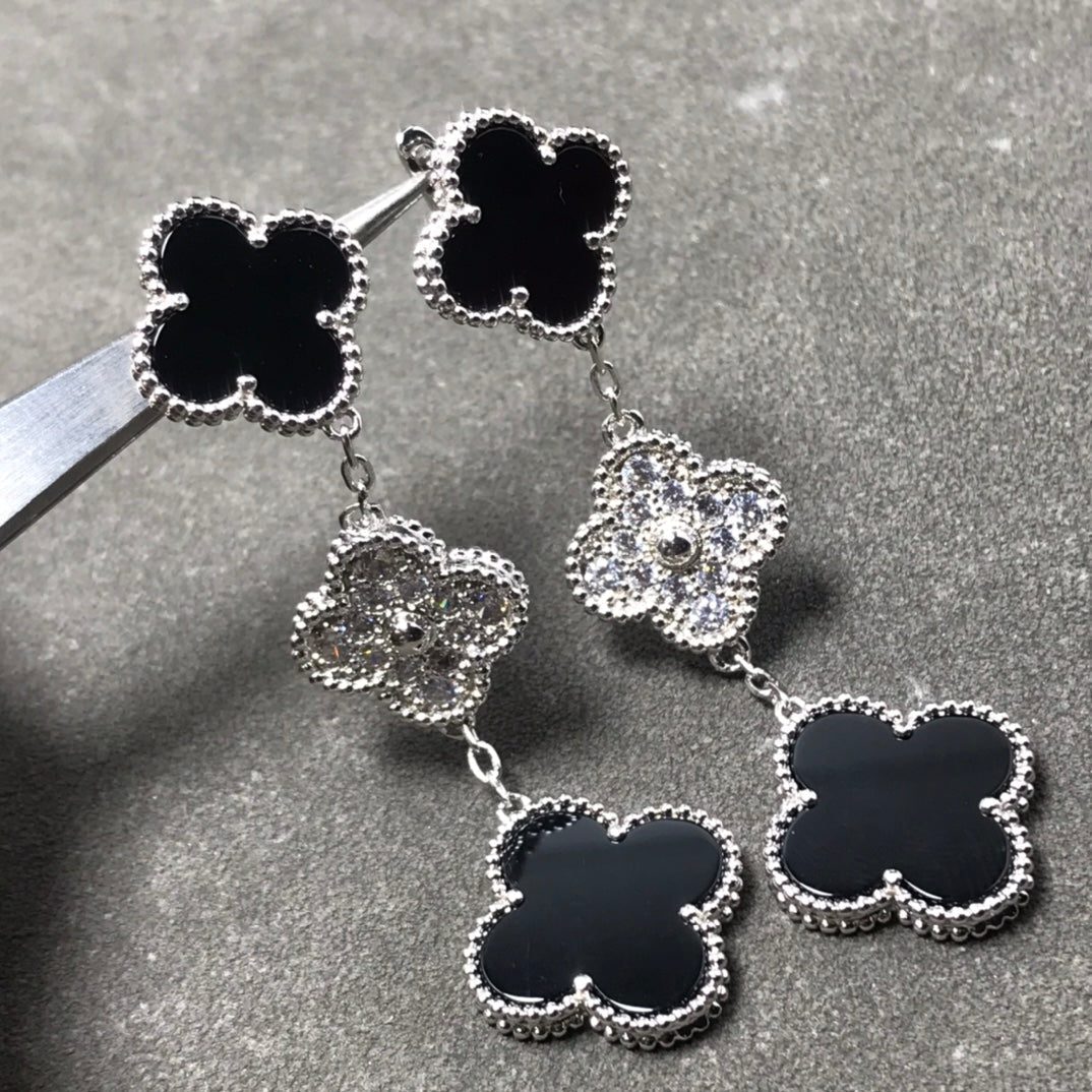 [Love Lucky] Kleeblatt 3 Motiv Diamant Onyx Silber Ohrringe