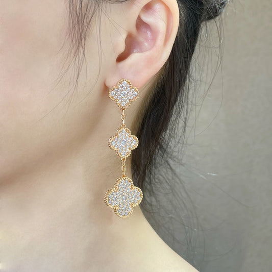 [Love Lucky] Kleeblatt 3 Motive Diamant gepflastert Rose Gold Ohrringe