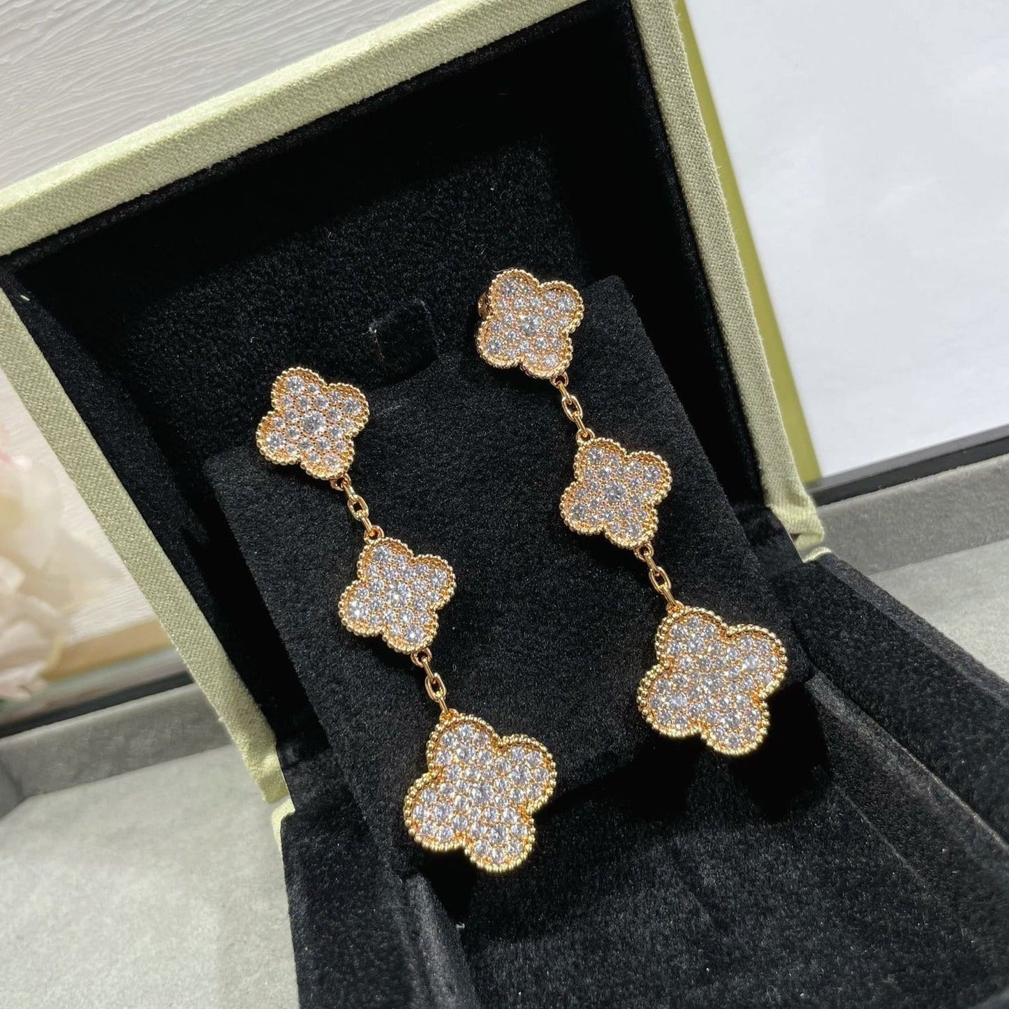 [Love Lucky] Kleeblatt 3 Motive Diamant gepflastert Rose Gold Ohrringe