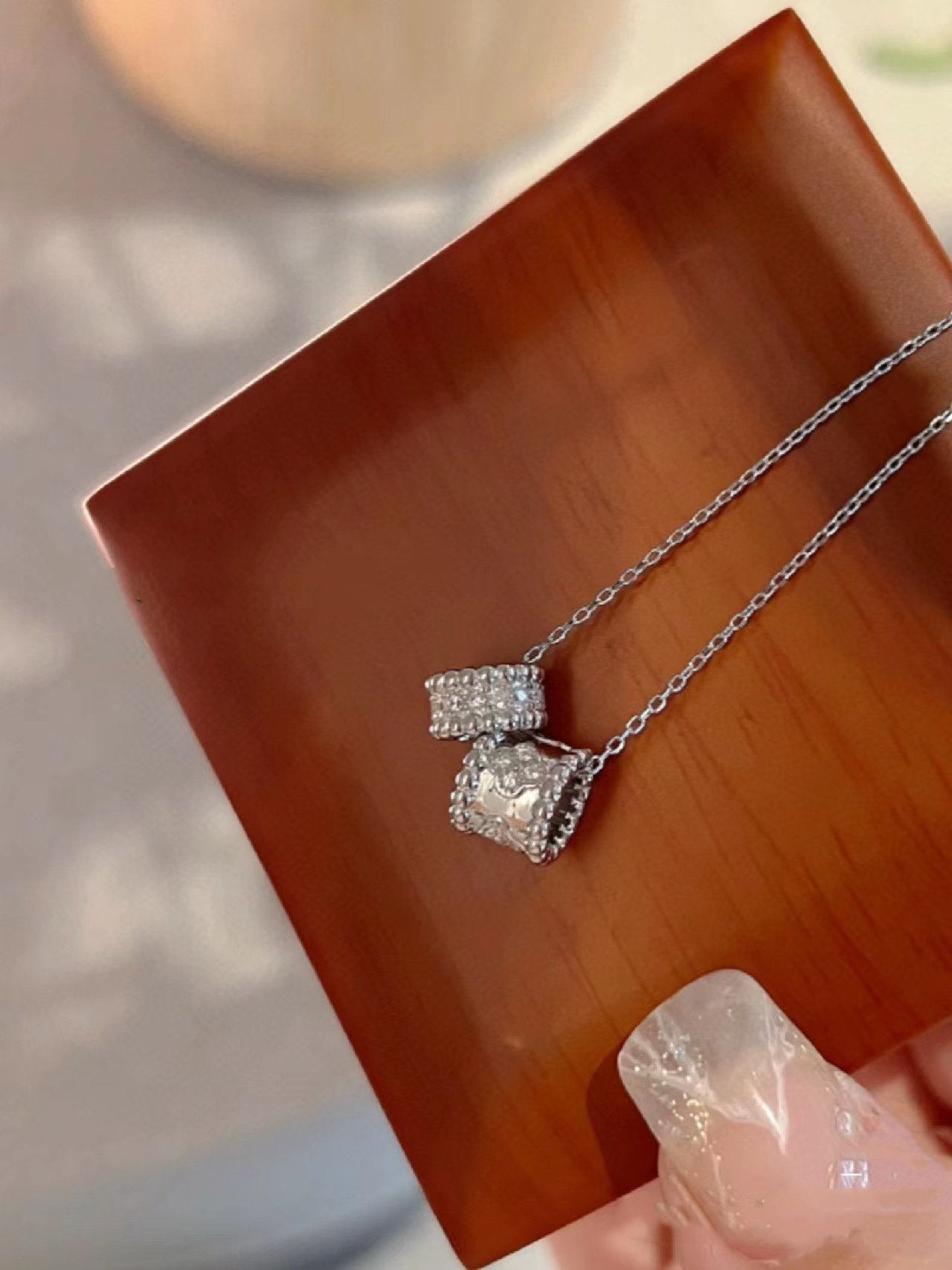 [Love Lucky]Perlee Doppel Anhänger Silber Diamant Halskette