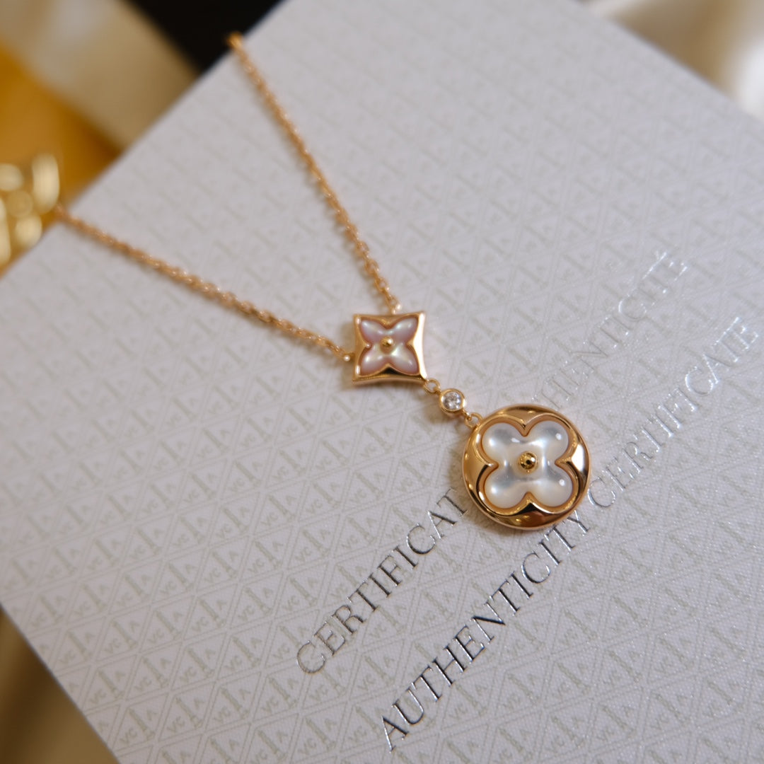 [Love Lucky]Stern und Sonne weiß Perlmutt 2 Motiv rosa Gold Halskette 