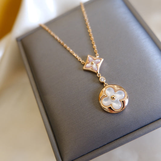 [Love Lucky]Stern und Sonne weiß Perlmutt 2 Motiv rosa Gold Halskette 