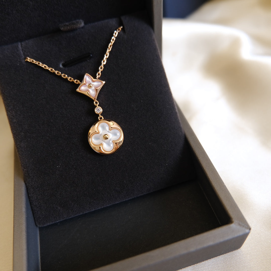 [Love Lucky]Stern und Sonne weiß Perlmutt 2 Motiv rosa Gold Halskette 