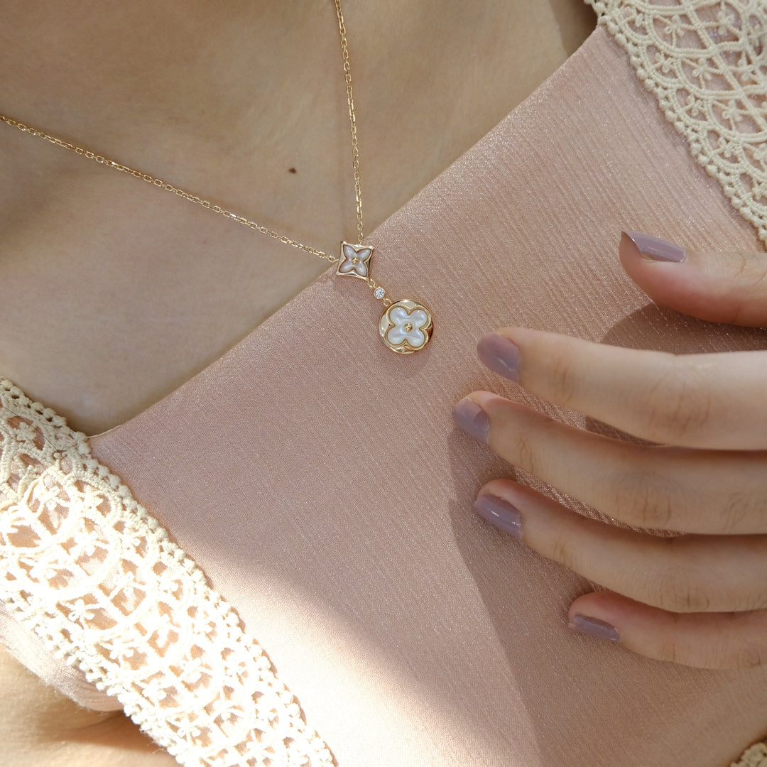 [Love Lucky]Stern und Sonne weiß Perlmutt 2 Motiv rosa Gold Halskette 