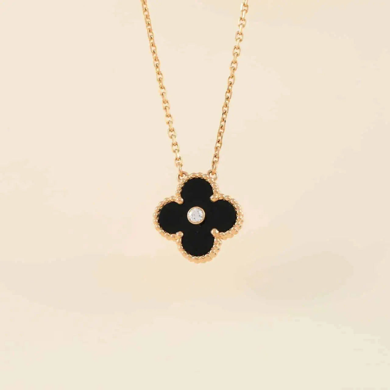 [Love Lucky]CLOVER 15MM DIAMANT-ONYX-HALSKETTE
