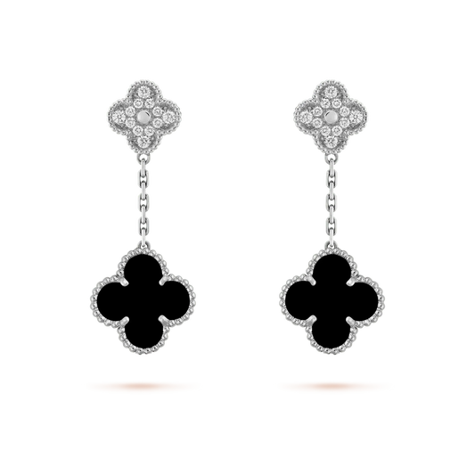 [Love Lucky]CLOVER 2 MOTIFS DIAMOND ONYX OHRRINGE SILBER