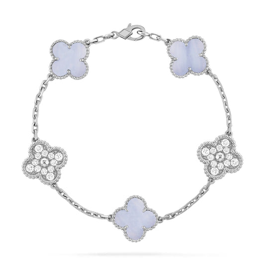 [Love Lucky]CLOVER 5 MOTIV DIAMOND LILA CHALCEDON ARMBAND SILBER 