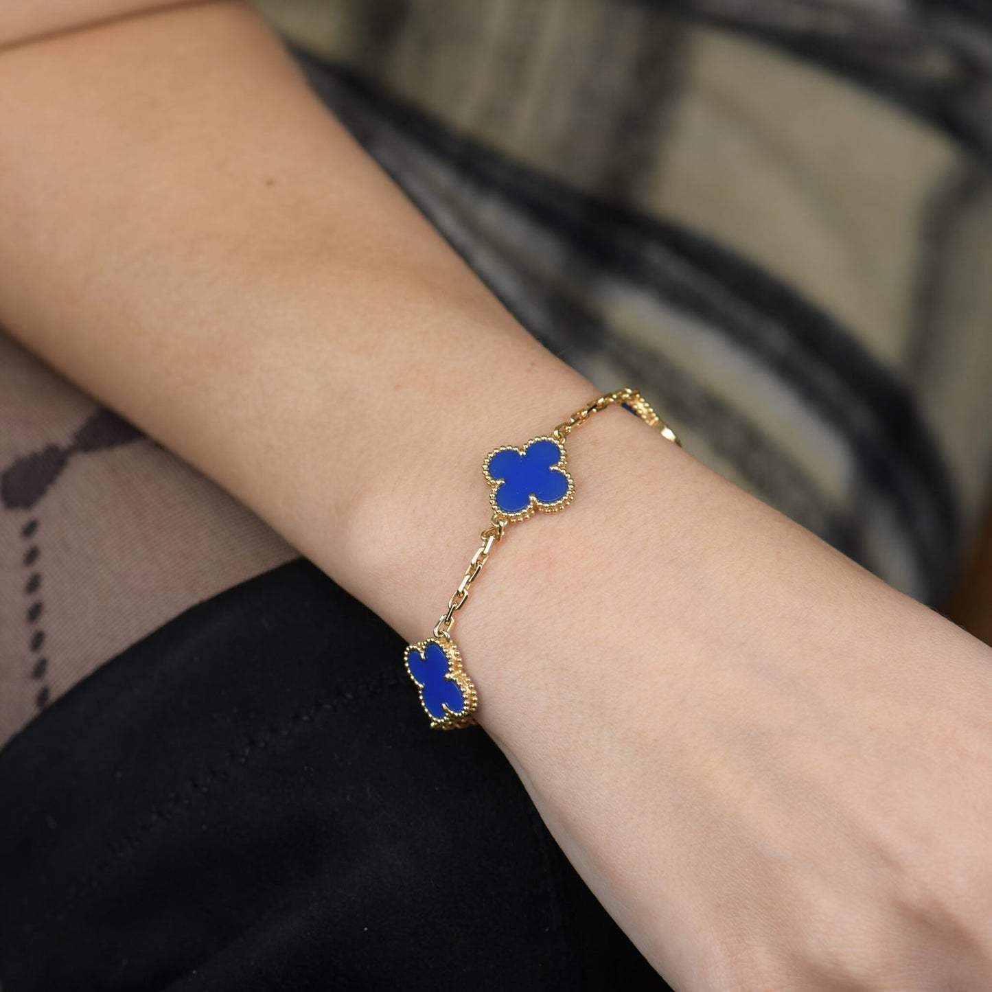 [Love Lucky]CLOVER 5 MOTIVE BLAUER ACHAT ARMBAND