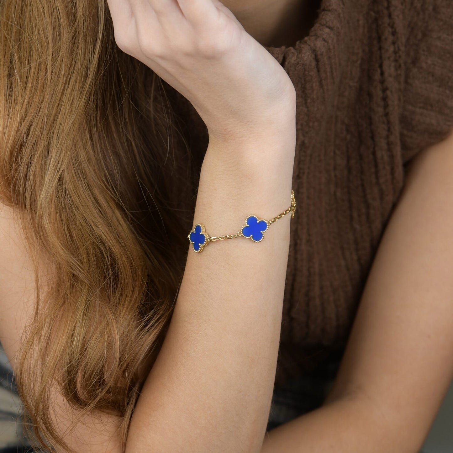 [Love Lucky]CLOVER 5 MOTIVE BLAUER ACHAT ARMBAND