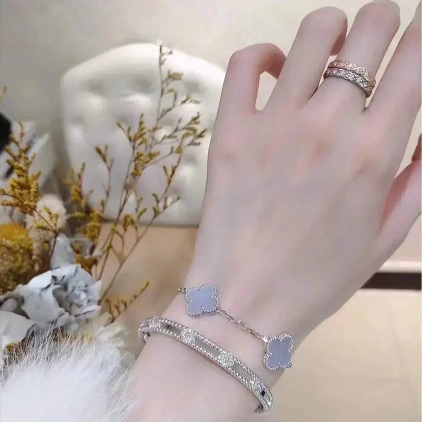 [Love Lucky]CLOVER 5 MOTIV LILA CHALCEDON ARMBAND SILBER 