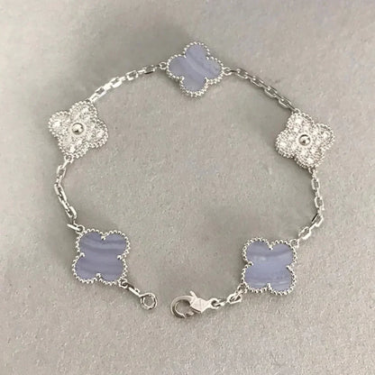 [Love Lucky]CLOVER 5 MOTIV DIAMOND LILA CHALCEDON ARMBAND SILBER 