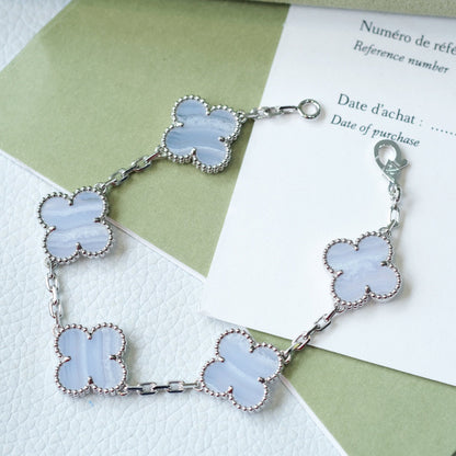 [Love Lucky]CLOVER 5 MOTIV LILA CHALCEDON ARMBAND SILBER 