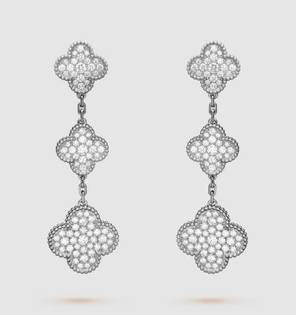 [Love Lucky] Kleeblatt 3 Motiv Diamant Silber Tropfen Ohrringe