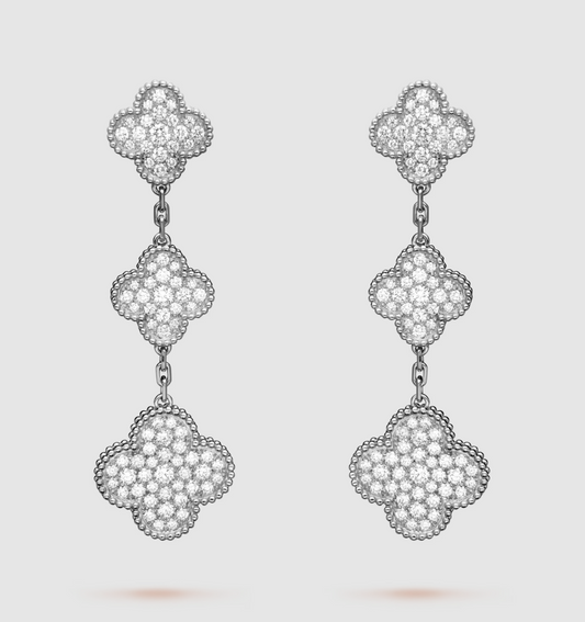 [Love Lucky] Kleeblatt 3 Motiv Diamant Silber Tropfen Ohrringe