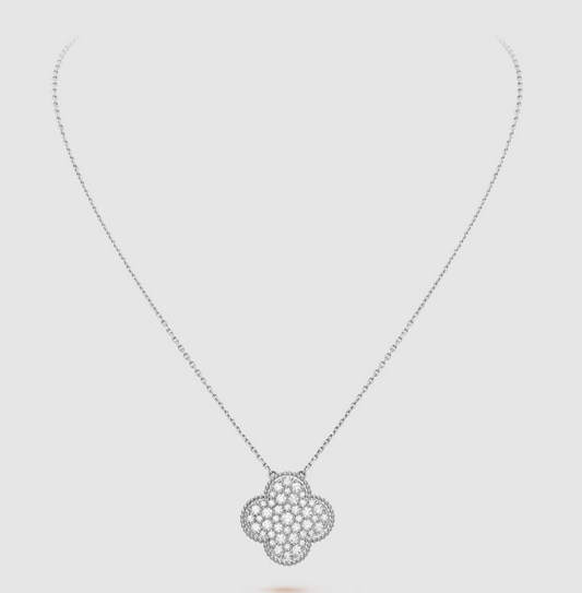 [Love Lucky] Kleeblatt 25 mm großer Anhänger mit Diamanten besetzt Silber Halskette