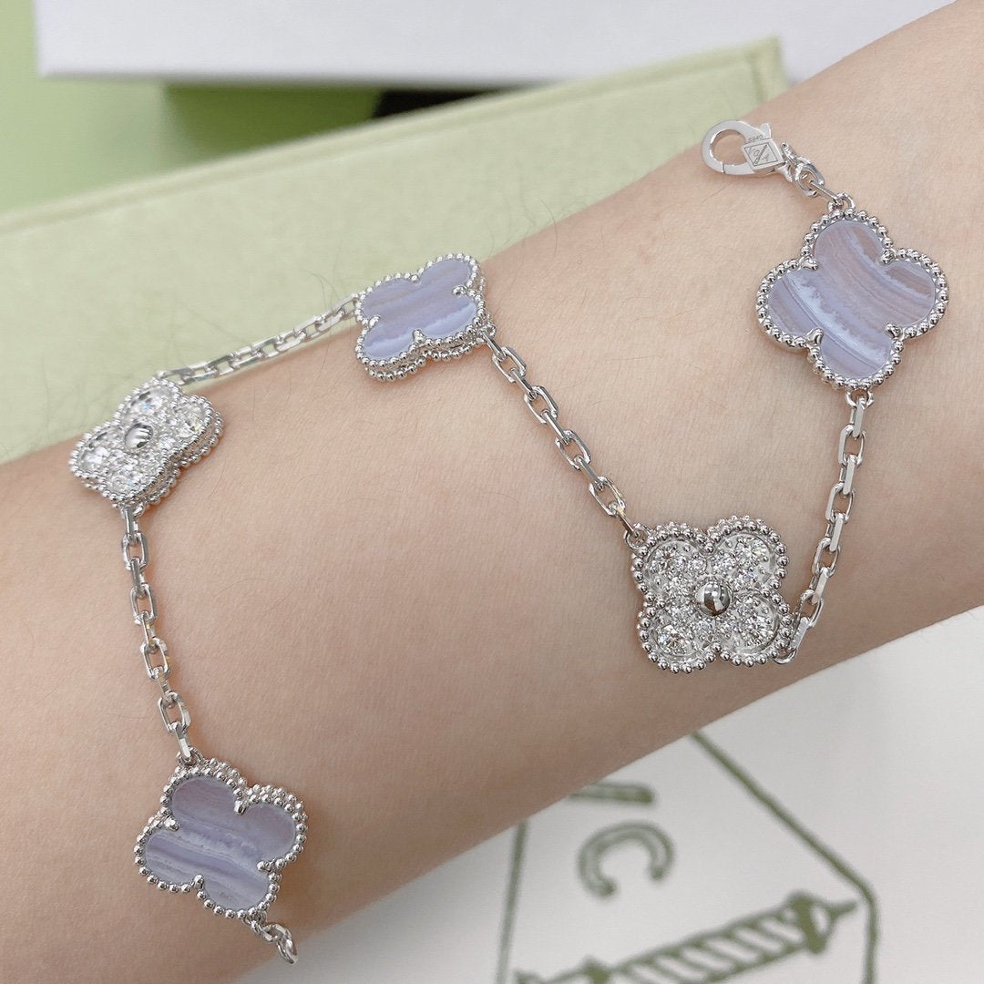 [Love Lucky]CLOVER 5 MOTIV DIAMOND LILA CHALCEDON ARMBAND SILBER 