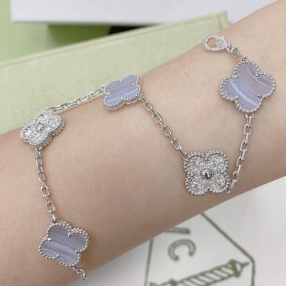 [Love Lucky]CLOVER 5 MOTIV DIAMOND LILA CHALCEDON ARMBAND SILBER 