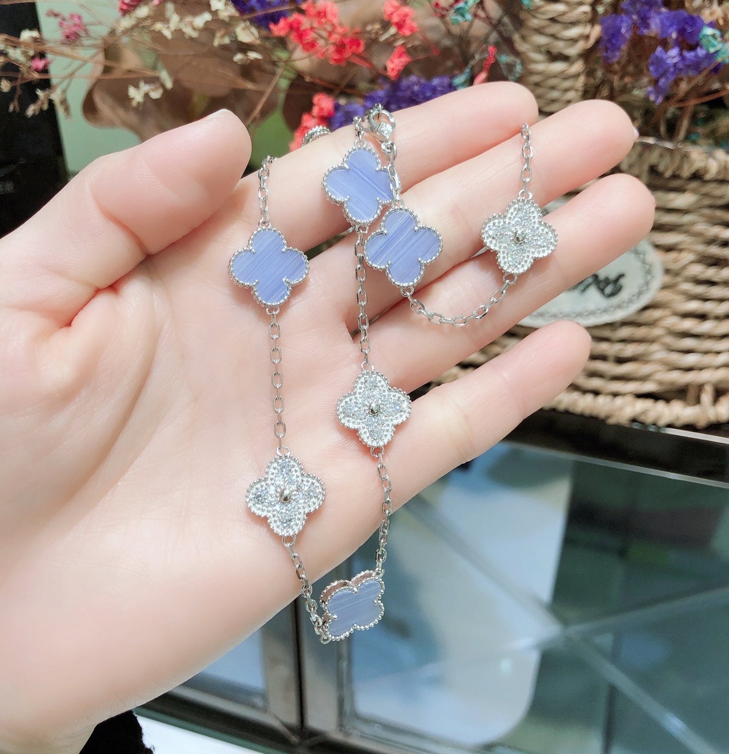 [Love Lucky]CLOVER 10 Motive Chalzedon Diamanten Silber Halskette